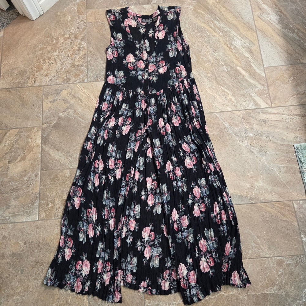Vintage 90s‎ Nostalgia Womens Black Floral Crinkle Rayon Button Front Maxi S - Picture 2 of 9